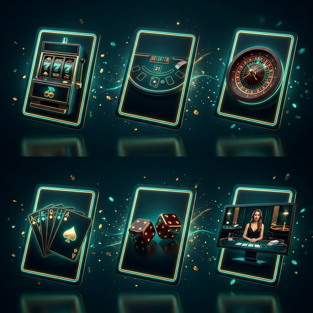 Crown Coins Casino game categories grid — dark teal premium